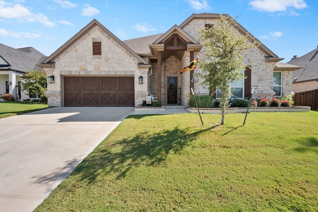 view of front of home with a front yard and a garage