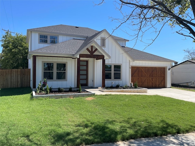 modern farmhouse style home with a garage and a front lawn