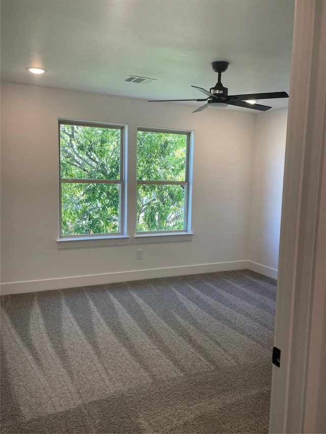 spare room featuring carpet floors, ceiling fan, and a wealth of natural light