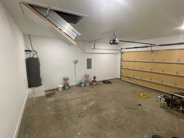 garage featuring a garage door opener, electric panel, and water heater