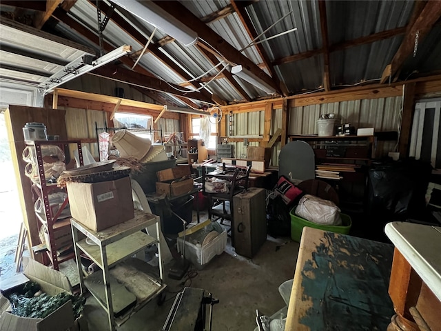 garage with wood walls