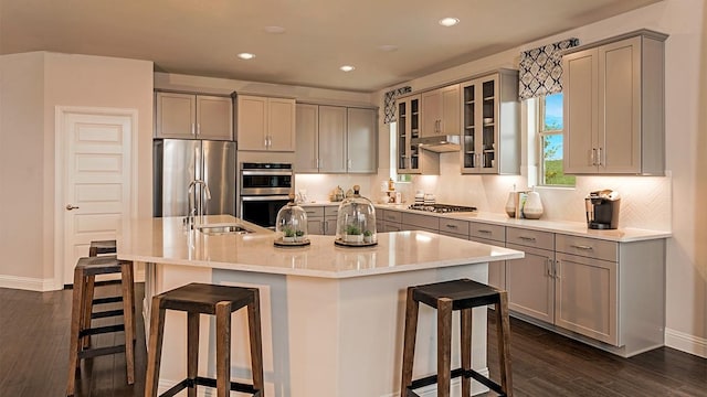 kitchen featuring gray cabinetry, a breakfast bar, dark wood-type flooring, an island with sink, and stainless steel appliances