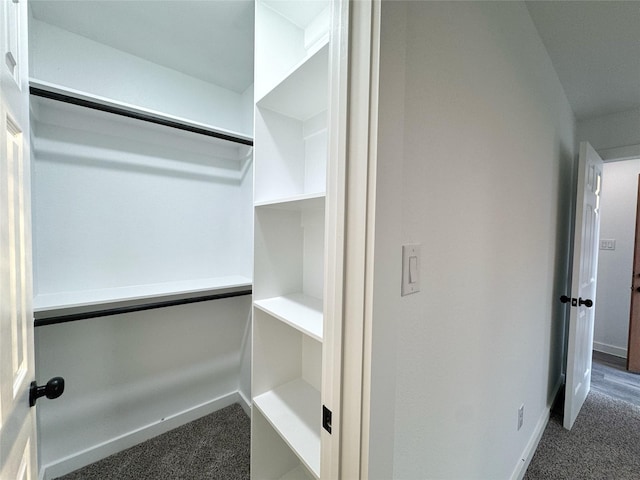 spacious closet featuring dark carpet