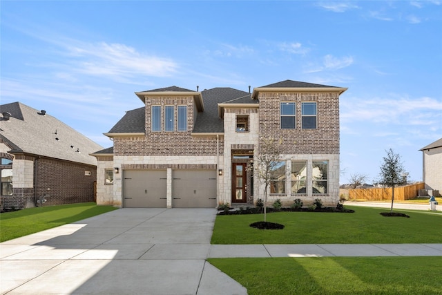 view of front of property featuring a front lawn and a garage