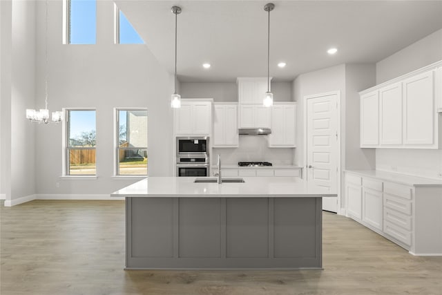 kitchen featuring sink, stainless steel appliances, an island with sink, white cabinets, and light wood-type flooring