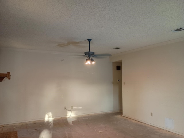 empty room with a textured ceiling, ceiling fan, and crown molding