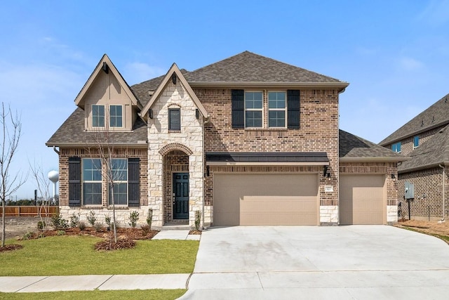 view of front of home featuring a shingled roof, brick siding, stone siding, concrete driveway, and a front yard