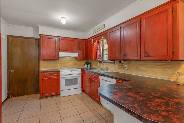 kitchen featuring white appliances, crown molding, sink, decorative backsplash, and light tile patterned floors