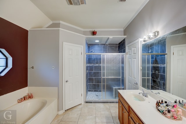 bathroom featuring vanity, plus walk in shower, tile patterned floors, crown molding, and vaulted ceiling