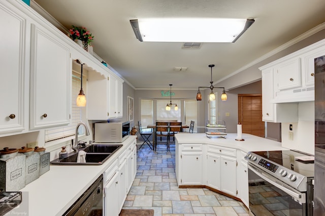 kitchen featuring white cabinets, sink, custom exhaust hood, decorative light fixtures, and stainless steel electric range