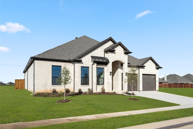 french country inspired facade with a front yard and a garage