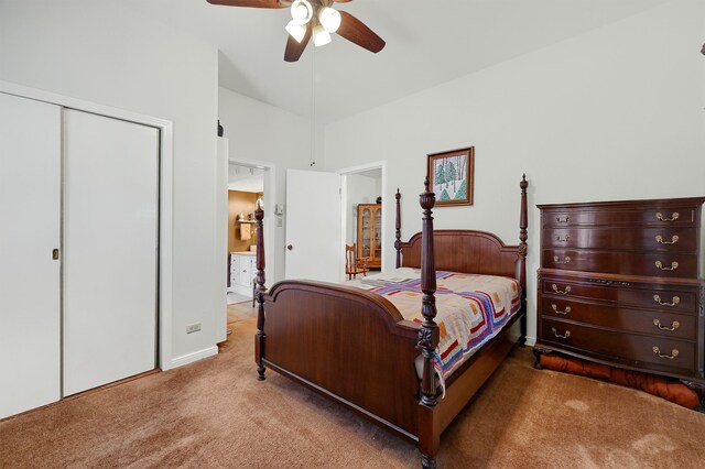 bedroom with carpet floors, a closet, and ceiling fan