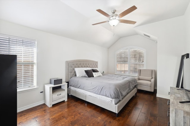 bedroom with lofted ceiling, ceiling fan, and dark hardwood / wood-style flooring