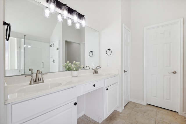 bathroom featuring tile patterned flooring, walk in shower, and vanity