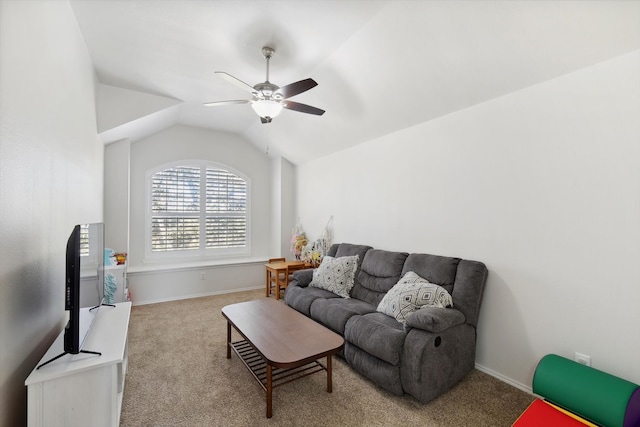 living room featuring light carpet, vaulted ceiling, and ceiling fan