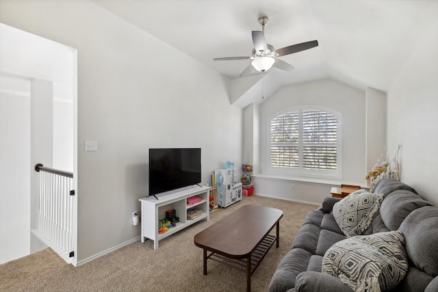 living room with light colored carpet, vaulted ceiling, and ceiling fan