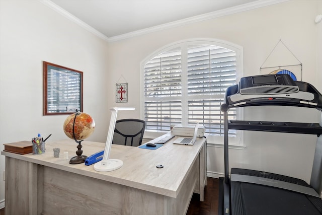 office space with crown molding, plenty of natural light, and dark wood-type flooring