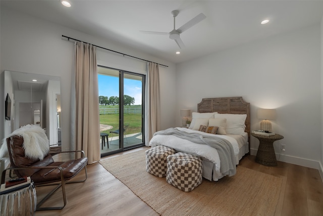 bedroom with access to exterior, ceiling fan, and light wood-type flooring