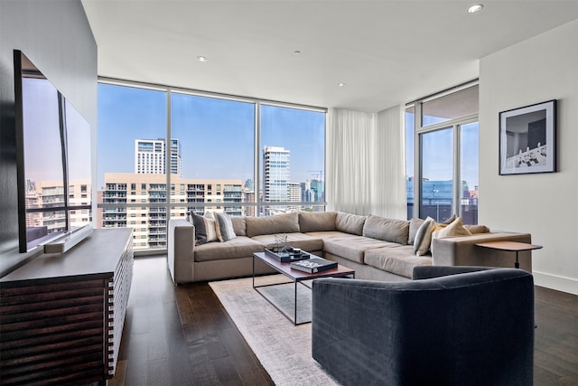 living room featuring expansive windows, dark hardwood / wood-style floors, and a healthy amount of sunlight