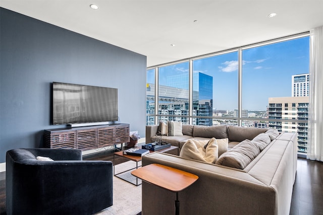 living room featuring wood-type flooring and floor to ceiling windows