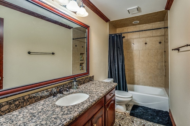 full bathroom featuring toilet, tile patterned flooring, crown molding, vanity, and shower / bathtub combination with curtain