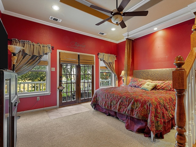 carpeted bedroom featuring crown molding, access to outside, and ceiling fan