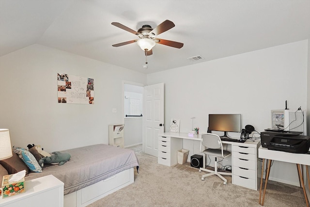 carpeted bedroom featuring ceiling fan and lofted ceiling