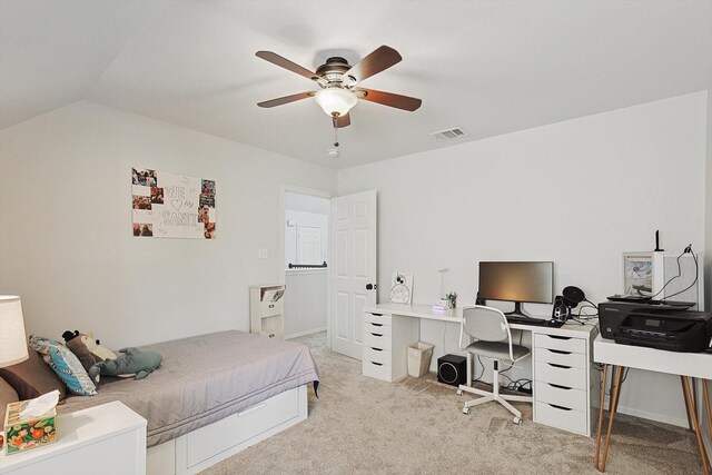 bathroom featuring ceiling fan, vanity, and vaulted ceiling