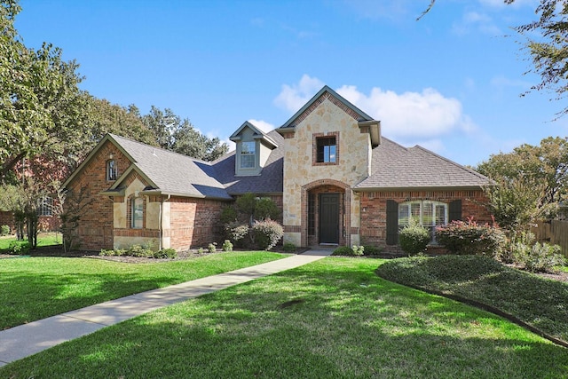 view of front of property featuring stone siding, brick siding, roof with shingles, and a front lawn