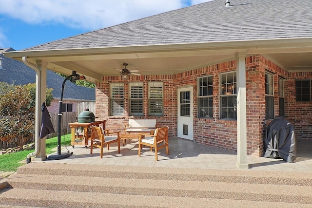 view of patio / terrace featuring grilling area, ceiling fan, and an outdoor hangout area