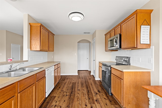 kitchen with black range with electric stovetop, dark wood-type flooring, sink, dishwasher, and backsplash