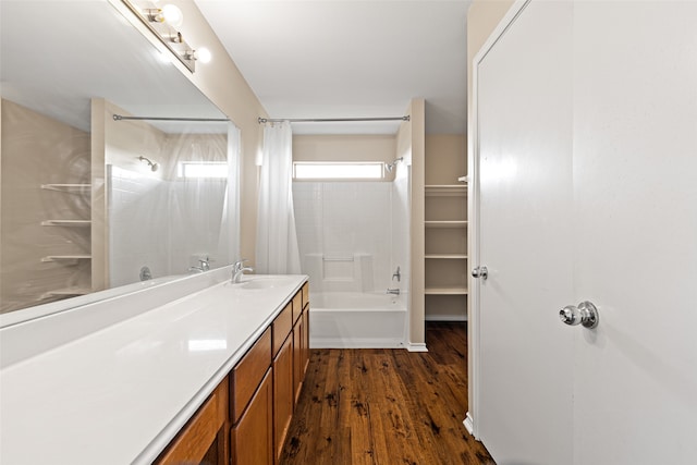 bathroom with shower / bath combination with curtain, vanity, and hardwood / wood-style floors