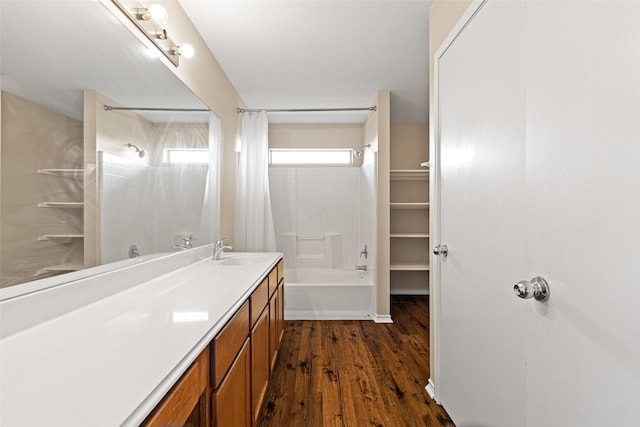 1108 E E Park, Lindale, TX 75771 - full bathroom with shower / bathtub combination with curtain, vanity, and wood finished floors