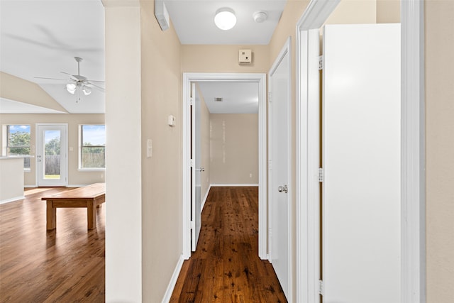 hall featuring lofted ceiling and dark hardwood / wood-style floors