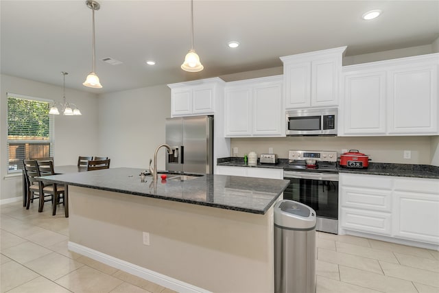 kitchen with a kitchen island with sink, white cabinets, sink, pendant lighting, and appliances with stainless steel finishes