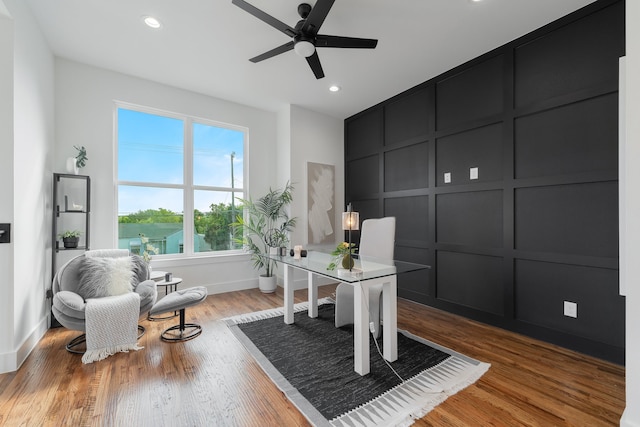 office area featuring ceiling fan and hardwood / wood-style floors