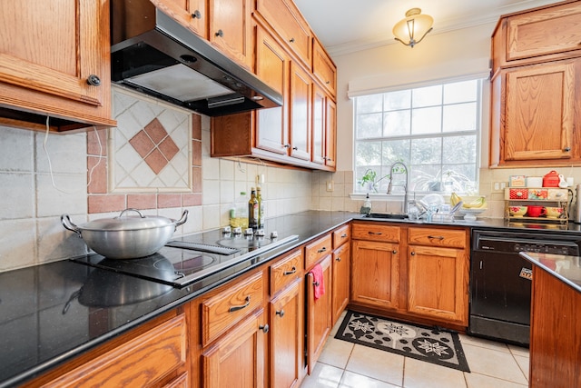 kitchen with decorative backsplash, black dishwasher, stovetop, ornamental molding, and light tile patterned flooring