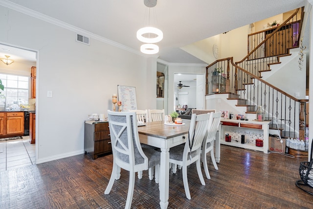 dining space featuring ornamental molding, ceiling fan, beverage cooler, and dark hardwood / wood-style flooring