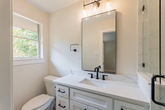 bathroom featuring a shower with door, vanity, and toilet