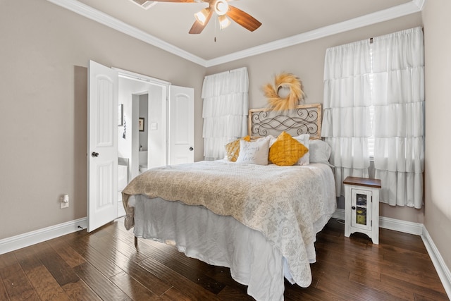 bedroom with ceiling fan, dark hardwood / wood-style floors, and crown molding