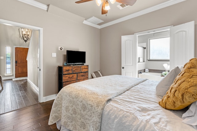 bedroom with ceiling fan with notable chandelier, multiple windows, ornamental molding, and dark hardwood / wood-style flooring