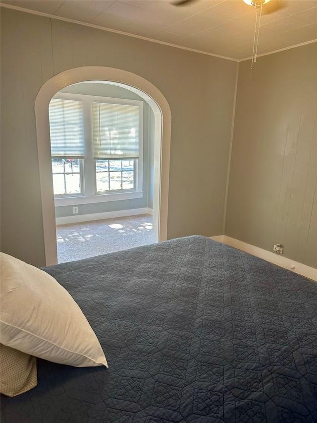 unfurnished bedroom with ornamental molding and carpet flooring