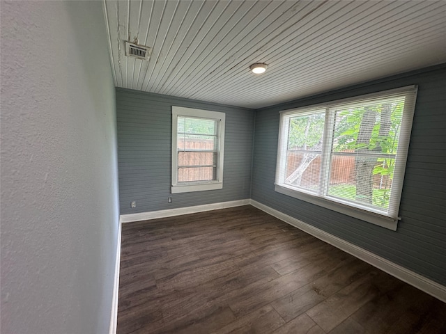 unfurnished room featuring wooden walls, wooden ceiling, and dark hardwood / wood-style flooring