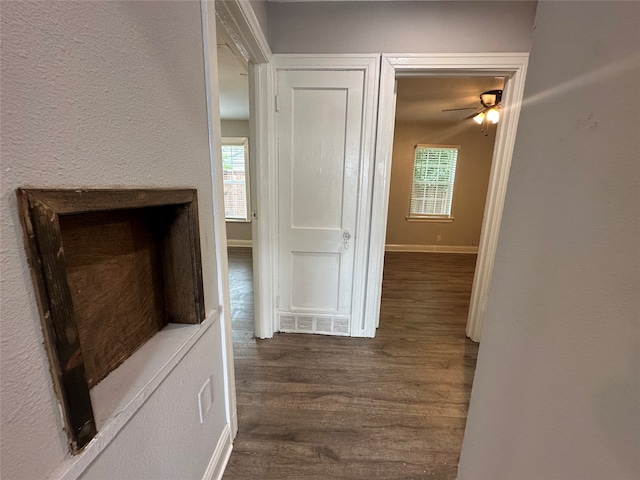 hall with a healthy amount of sunlight and dark hardwood / wood-style floors