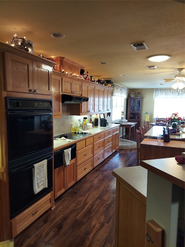 kitchen featuring stovetop, a healthy amount of sunlight, black double oven, and dark hardwood / wood-style flooring