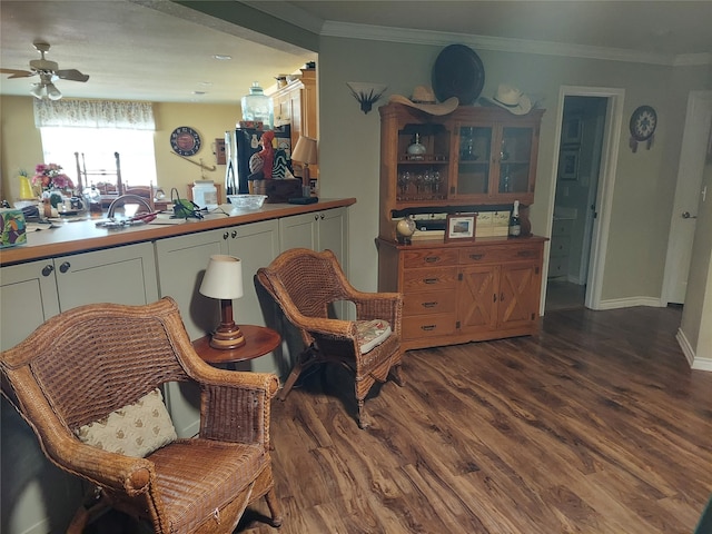 sitting room with ornamental molding, dark hardwood / wood-style floors, and ceiling fan