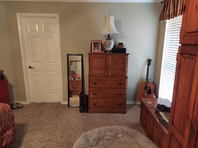 bedroom featuring light colored carpet