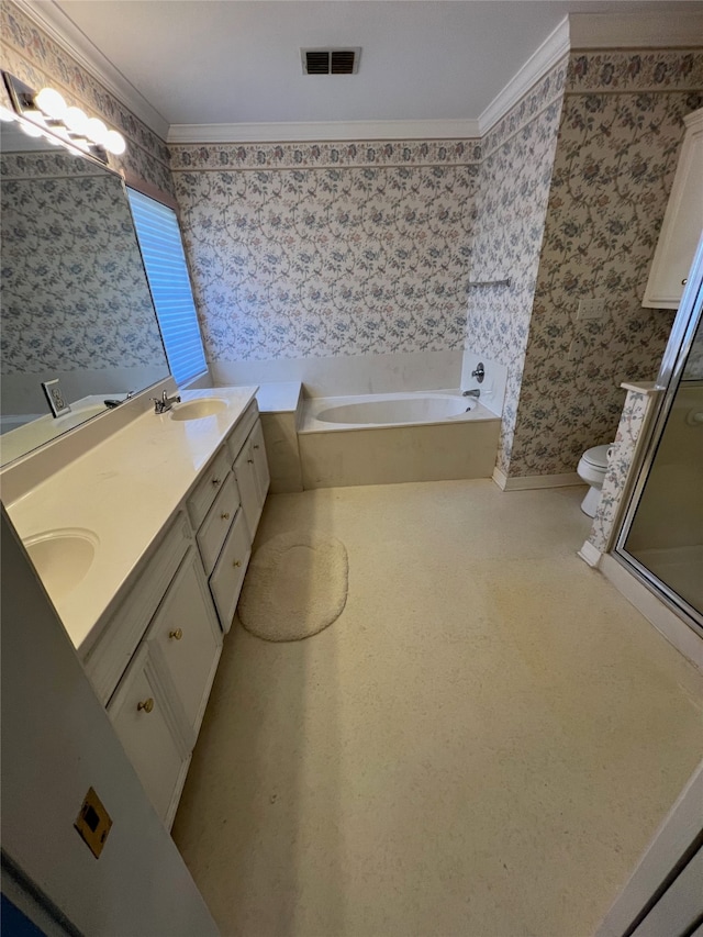 full bathroom with crown molding, vanity, toilet, and shower with separate bathtub