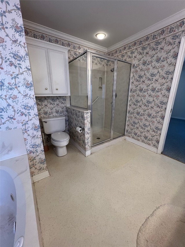 bathroom with walk in shower, ornamental molding, and toilet