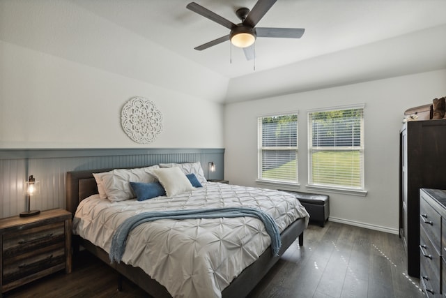 bedroom with lofted ceiling, ceiling fan, and dark hardwood / wood-style floors